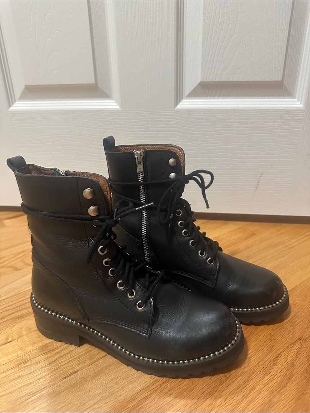 Aqua Black Lace-Up Combat Boots with Silver Stud Trim